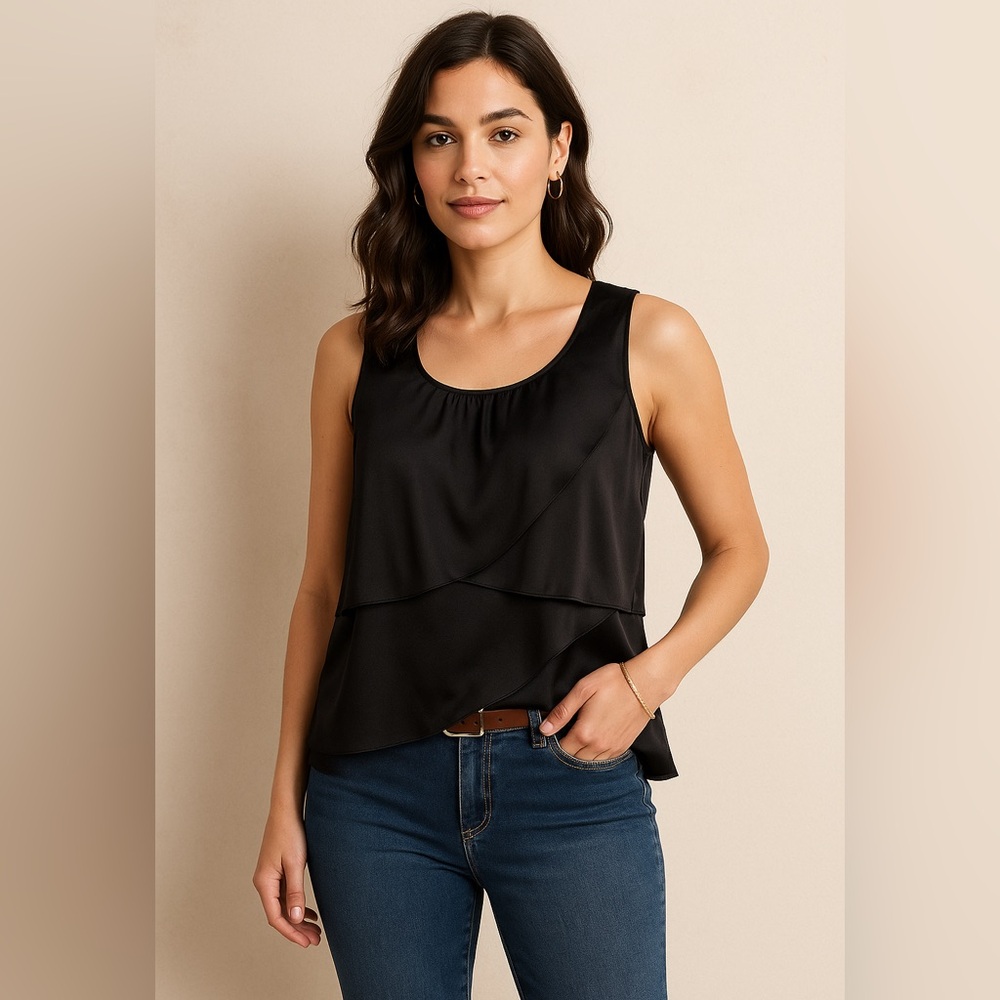 Talbots NWT Pure Silk Shell Top Size 12 Petite Black Layered Ruffle